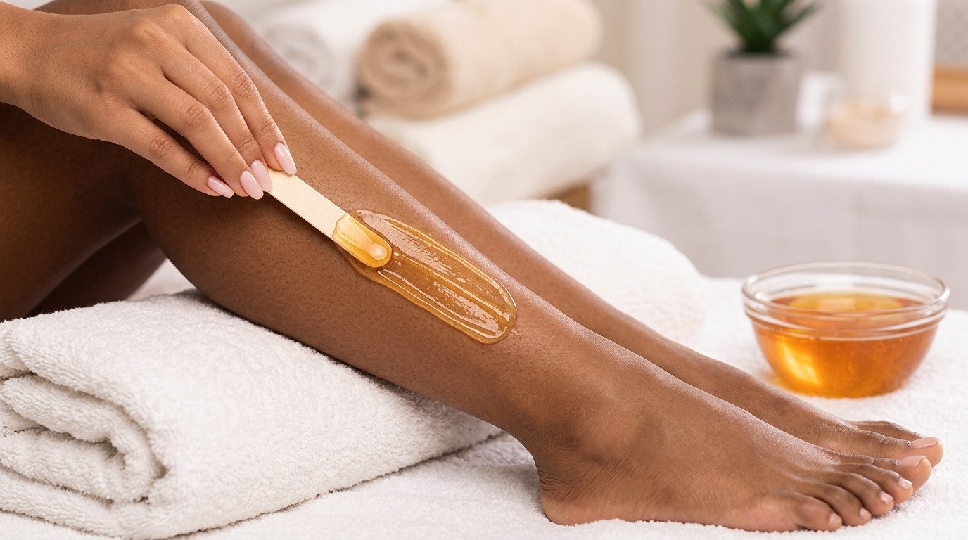 Application de cire tiède sur une jambe, lors d'un cours d'épilation