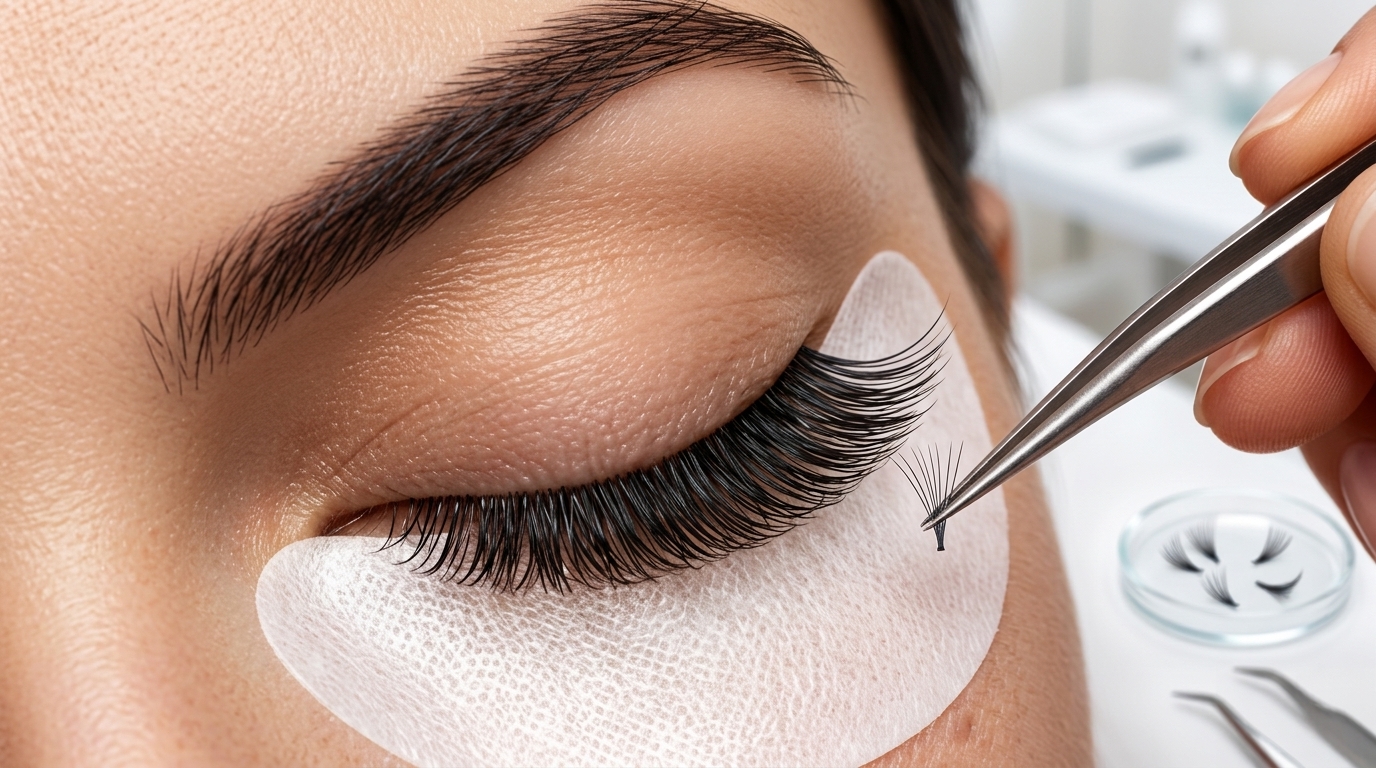 Pose d'extensions de cils, cil à cil, en gros plan sur un œil fermé