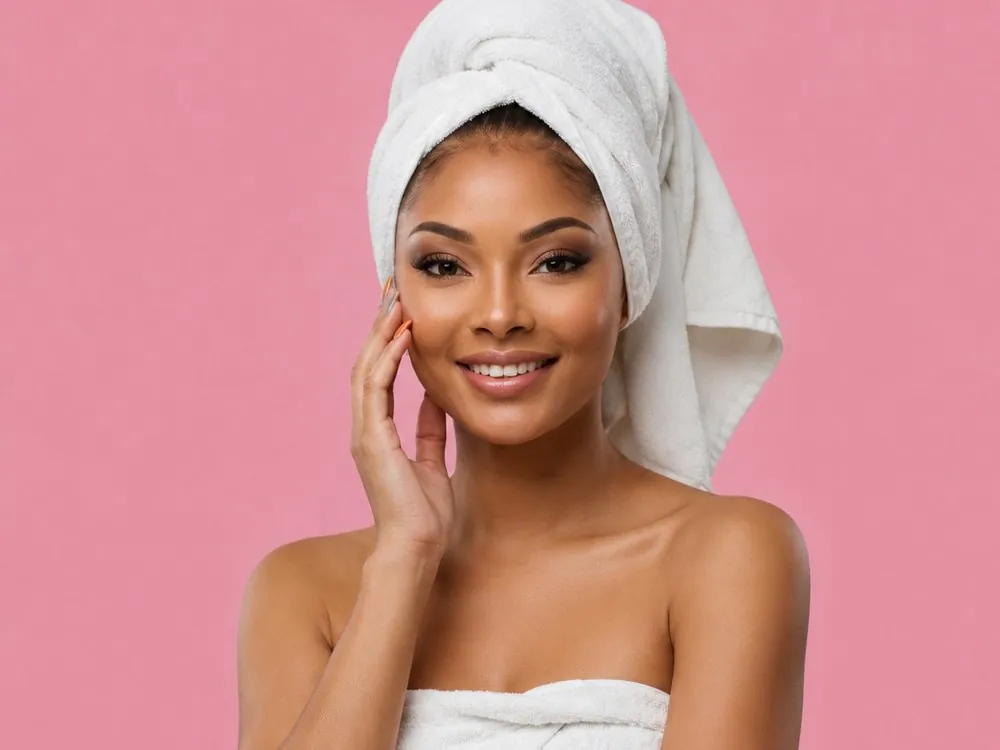 Femme en serviette après un gommage du corps, sur fond rose