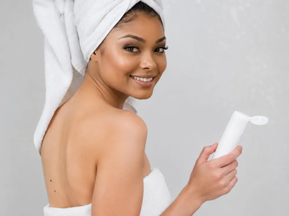Femme en serviette tenant un produit de soin doux