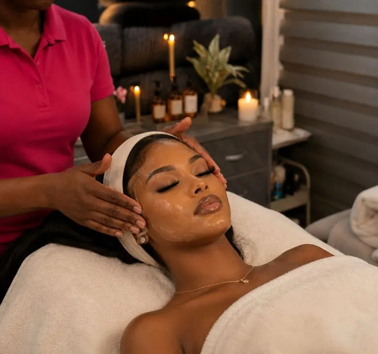 Application d’un soin du visage sur une cliente, à l’institut Clama Jolie